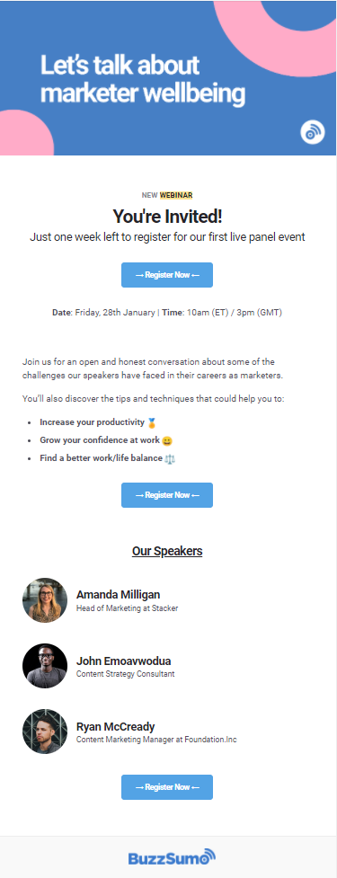 BuzzSumo webinar reminder email example