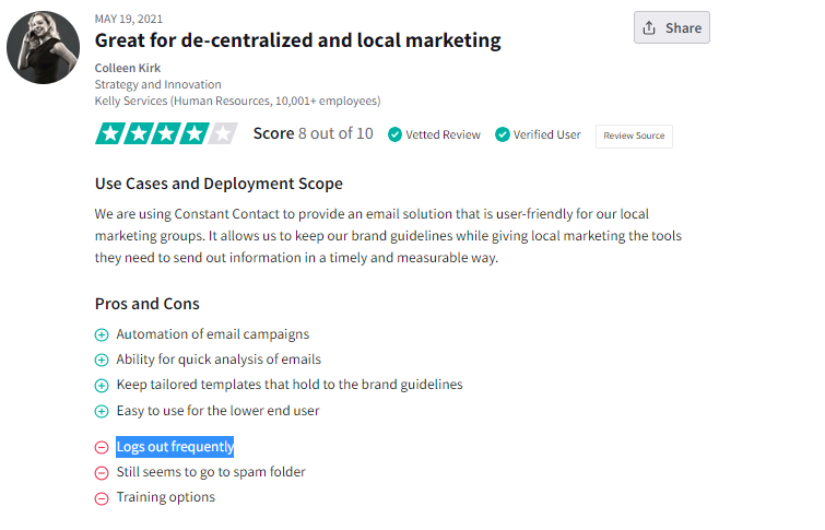 Constant Contact frequent logouts disadvantage TrustRadius review