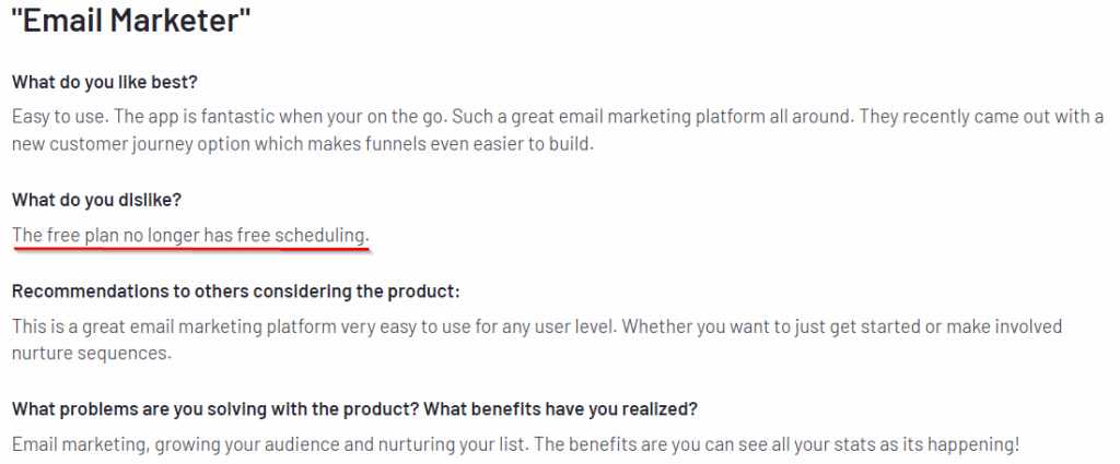 Mailchimp no email scheduling in free plan disadvantage G2 review