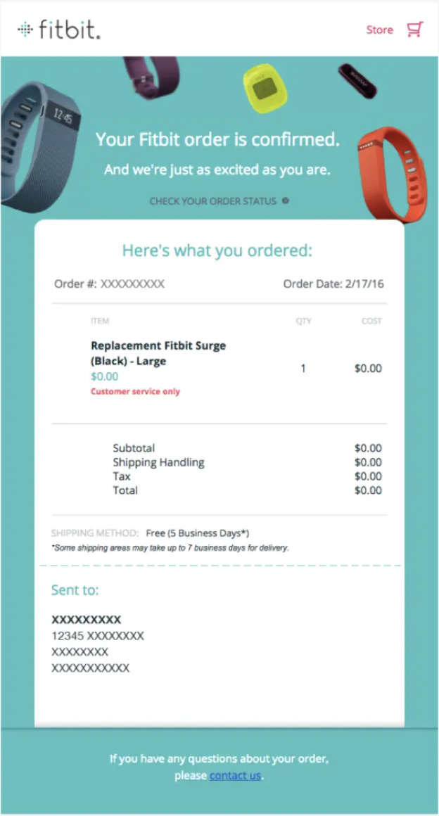 Purchase email example from Fitbit