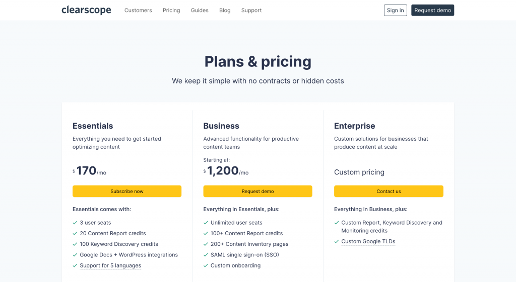 Clearscope pricing screenshot