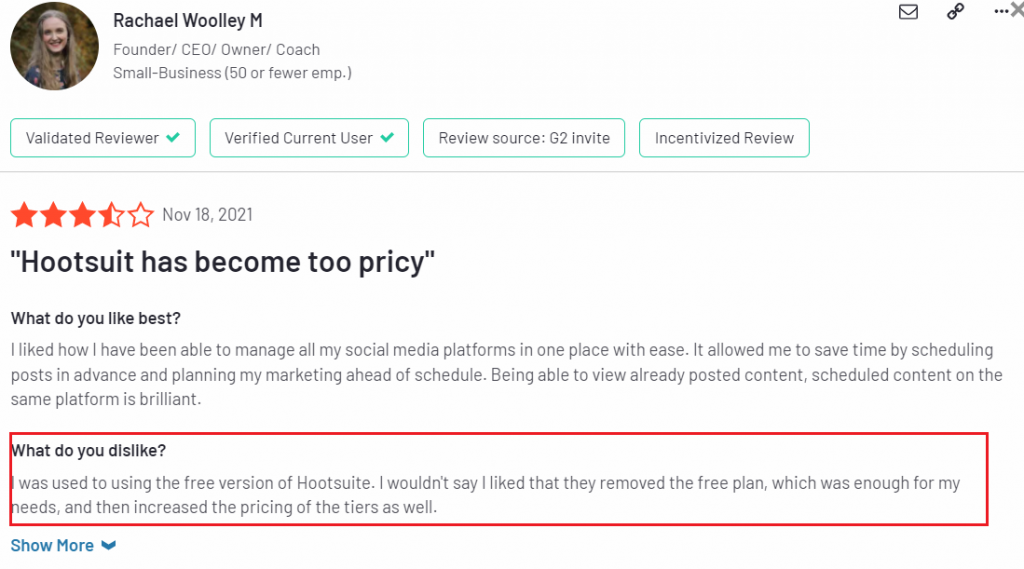 Hootsuite limited free plan disadvantage G2 review