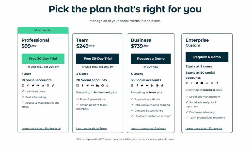 Hootsuite updated pricing screenshot