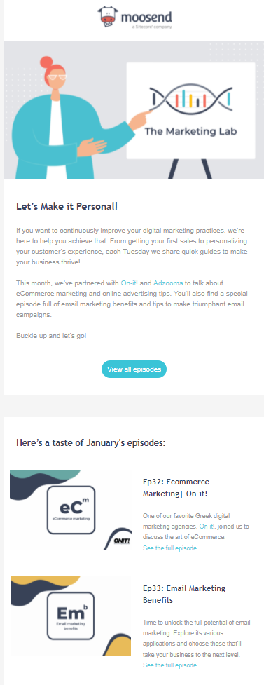Moosend podcast episode updates newsletter example