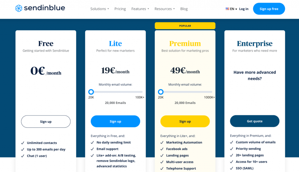 Sendinblue pricing screenshot