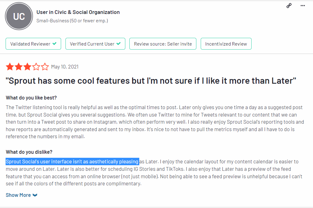 Sprout Social disadvantage user interface review G2