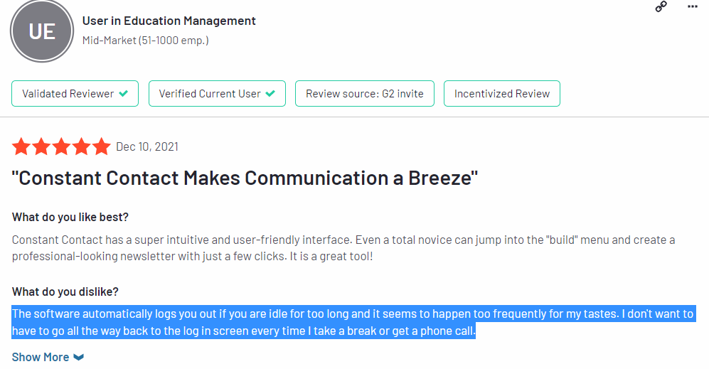 Constant Contact frequent logouts disadvantage G2 review