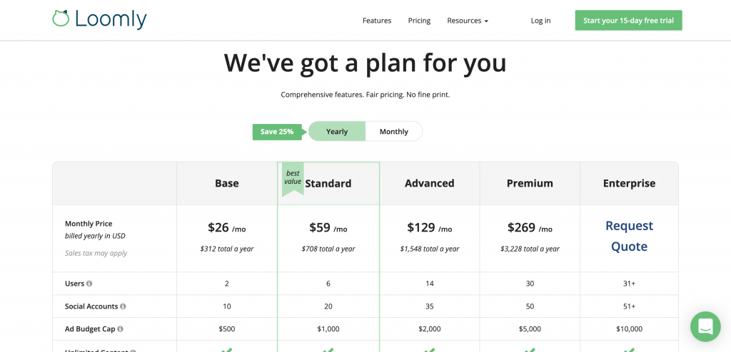 Loomly pricing screenshot