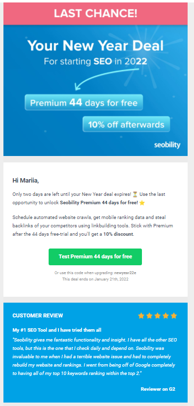 Seobility discount email example with customer review