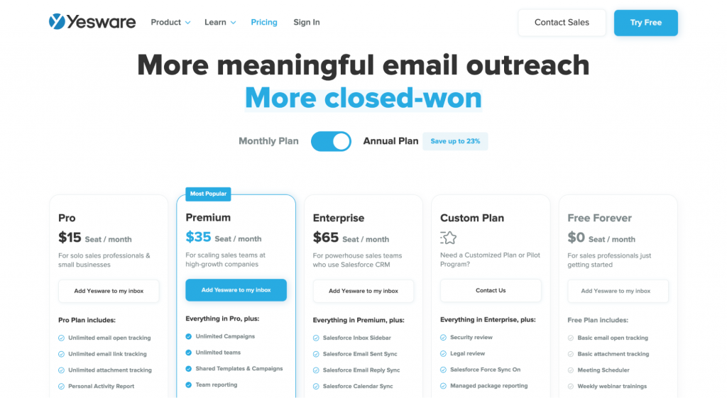 YesWare pricing page screenshot