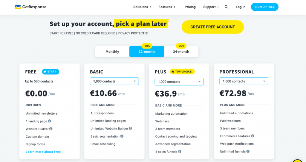 GetResponse pricing screenshot