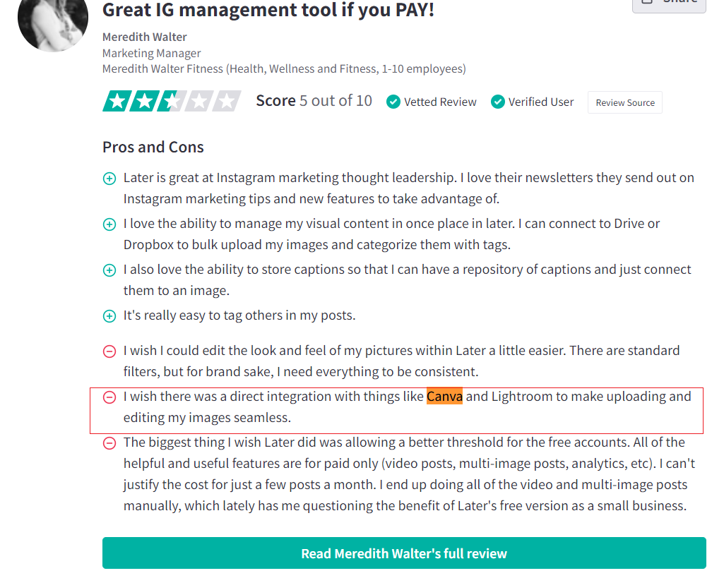 Later TrustRadius negative review integrations