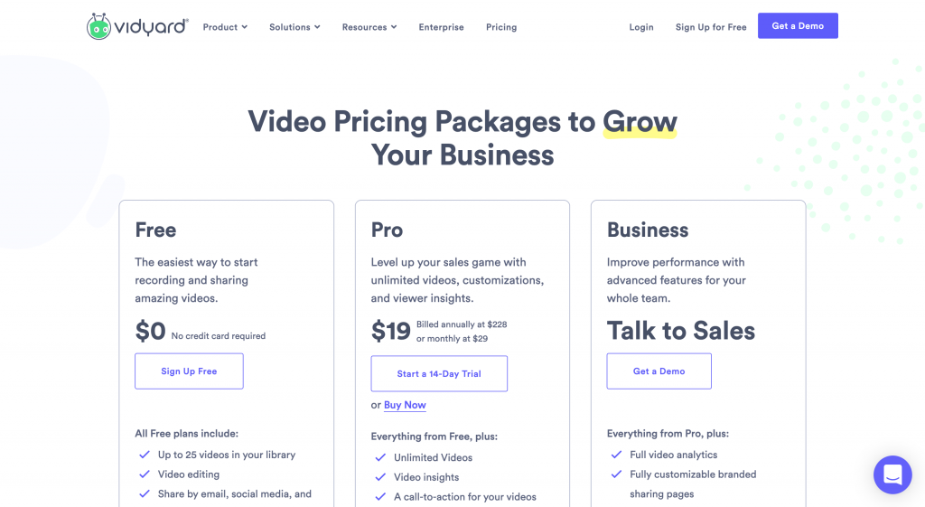 Vidyard pricing screenshot