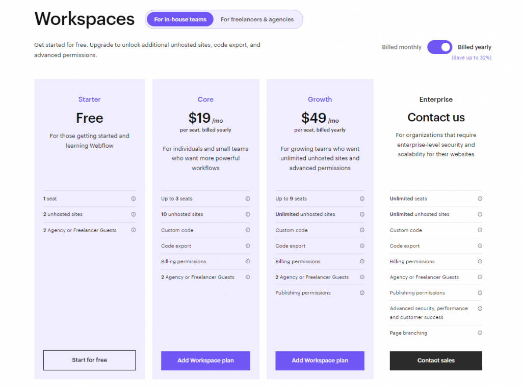 Webflow updated pricing screenshot