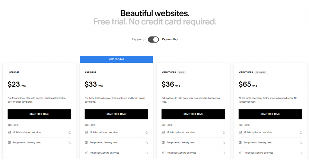 Squarespace updated pricing screenshot