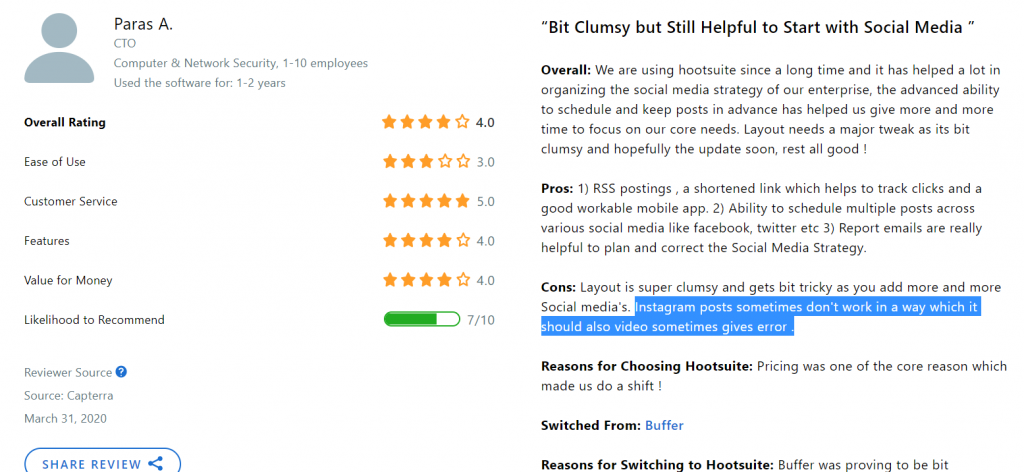 Hootsuite bugs and errors disadvantage review Capterra