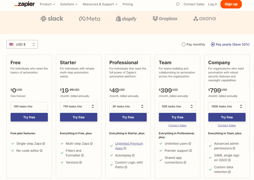 Zapier updated pricing screenshot