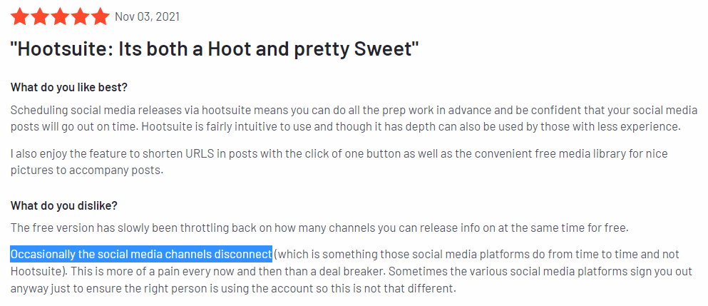 Hootsuite bugs and errors disadvantage review G2