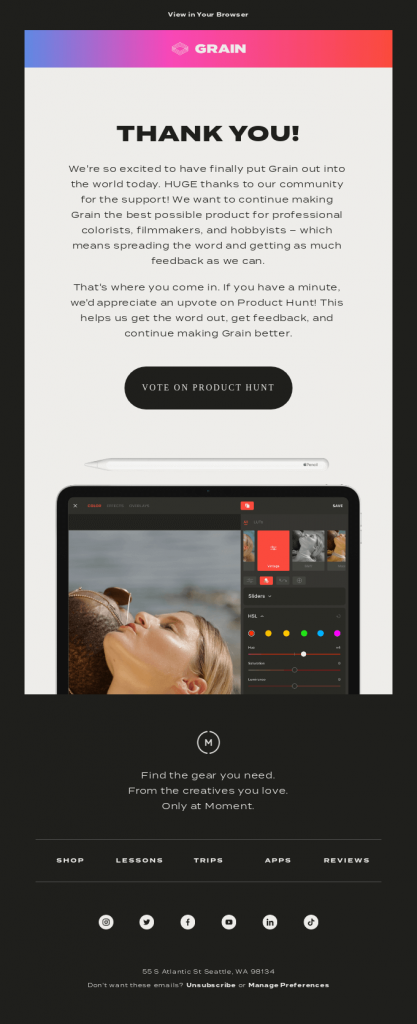 Moment thank you email newsletter example