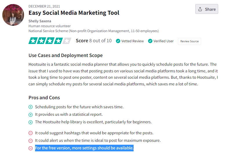 Hootsuite free plan disadvantage review G2