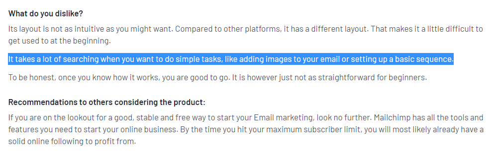 Mailchimp usability disadvantage G2 review