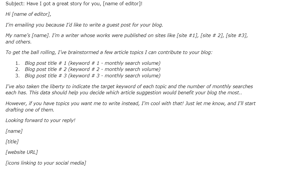 Article blog post submission pitch template