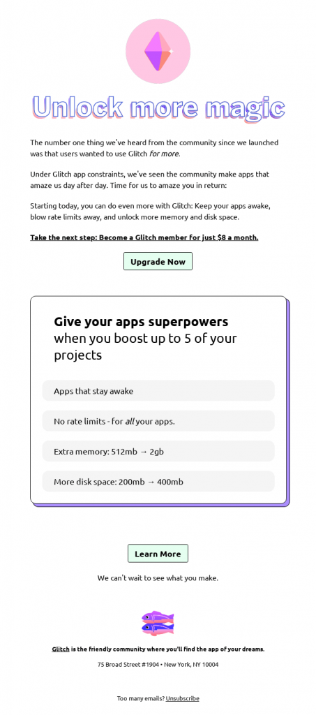 Glitch upselling email example