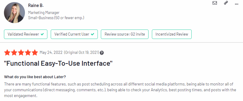 Later usability positive customer review from G2