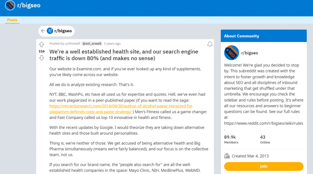 Reddit BigSEO subreddit post
