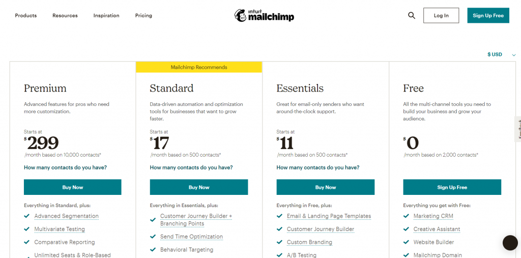 Mailchimp pricing screenshot