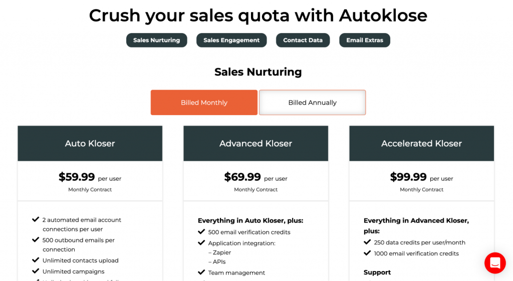 AutoKlose pricing page screenshot