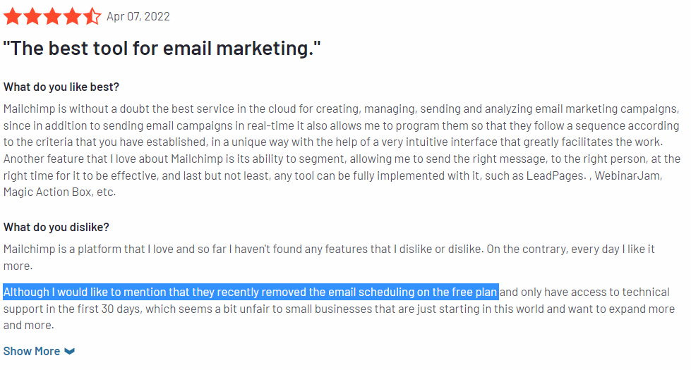 Mailchimp no email scheduling in free plan disadvantage G2 review