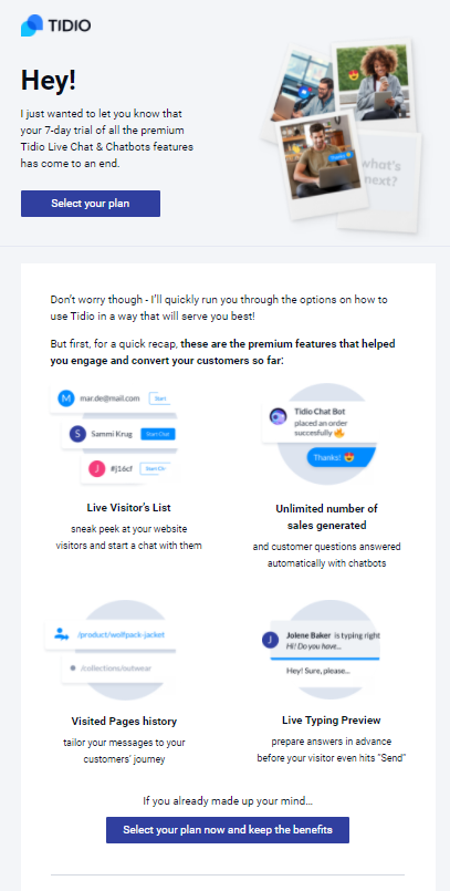 Tidio end of free trial email example