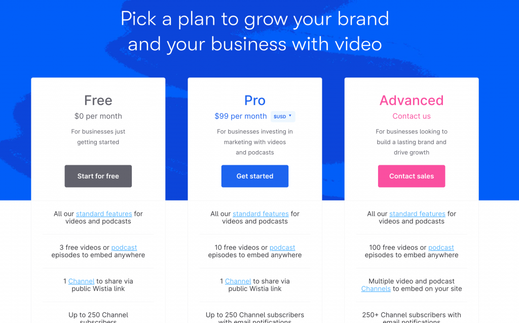 Wistia pricing page screenshot