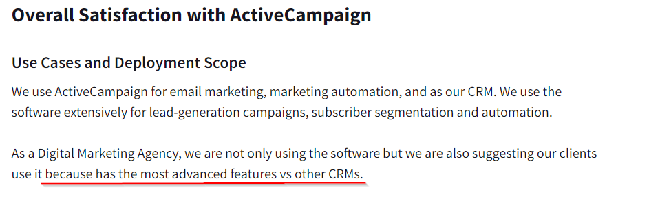 ActiveCampaign features advantage TrustPilot review