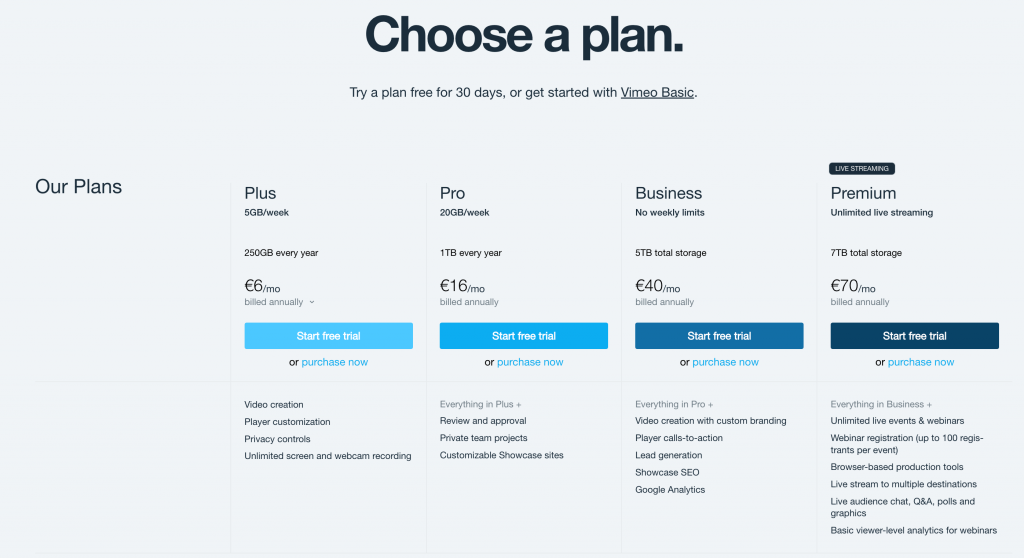 Vimeo pricing page screenshot