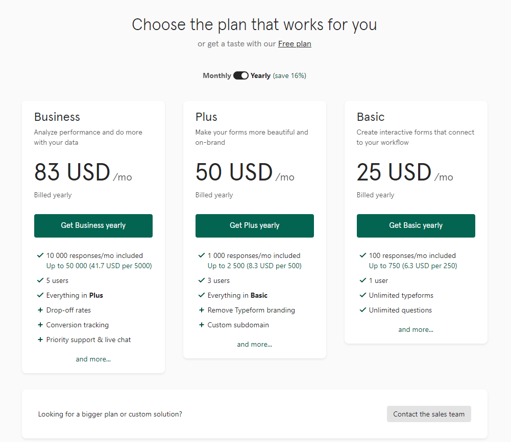 Typeform pricing