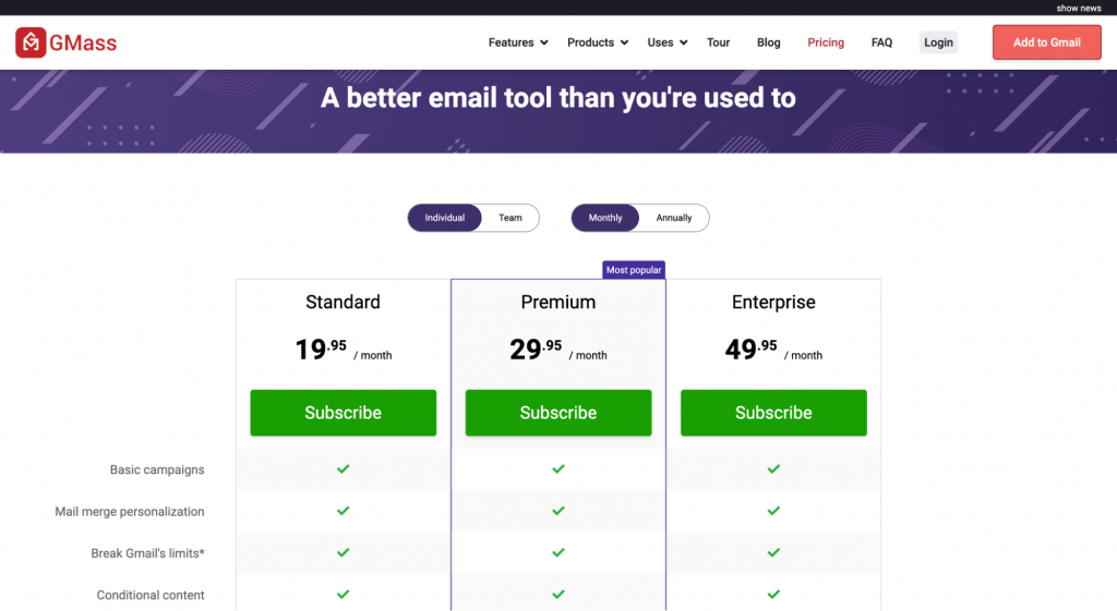 GMass pricing page screenshot