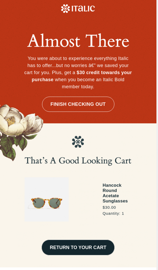 Italic abandoned card email example