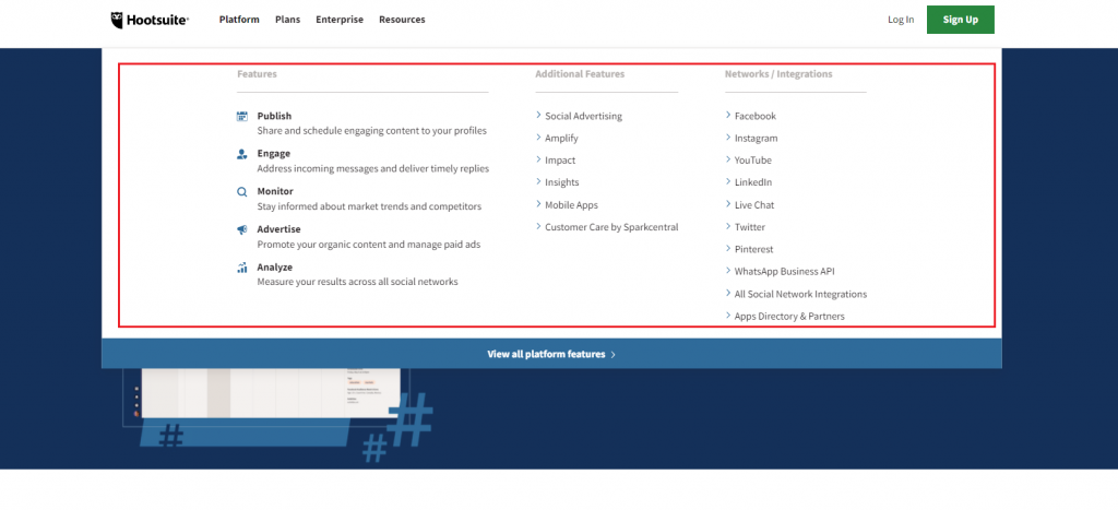 Hootsuite list of features screenshot