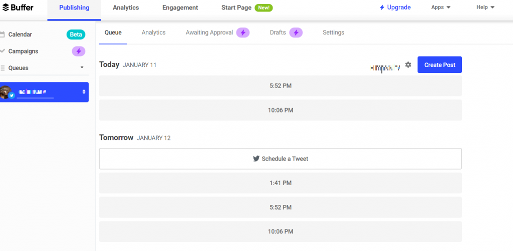 Buffer scheduling feature calendar screenshot