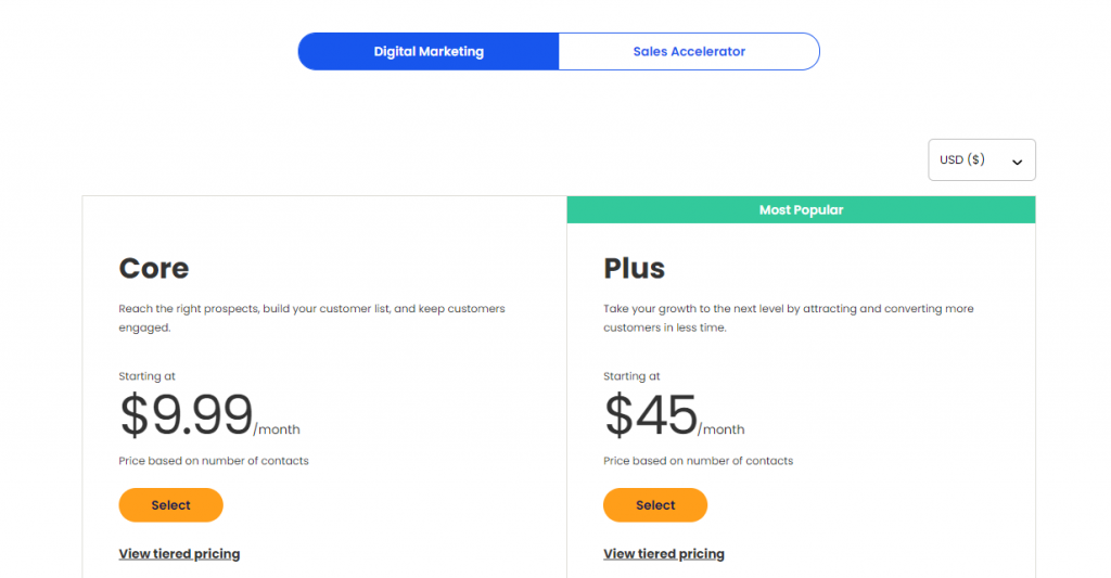 Constant Contact pricing screenshot