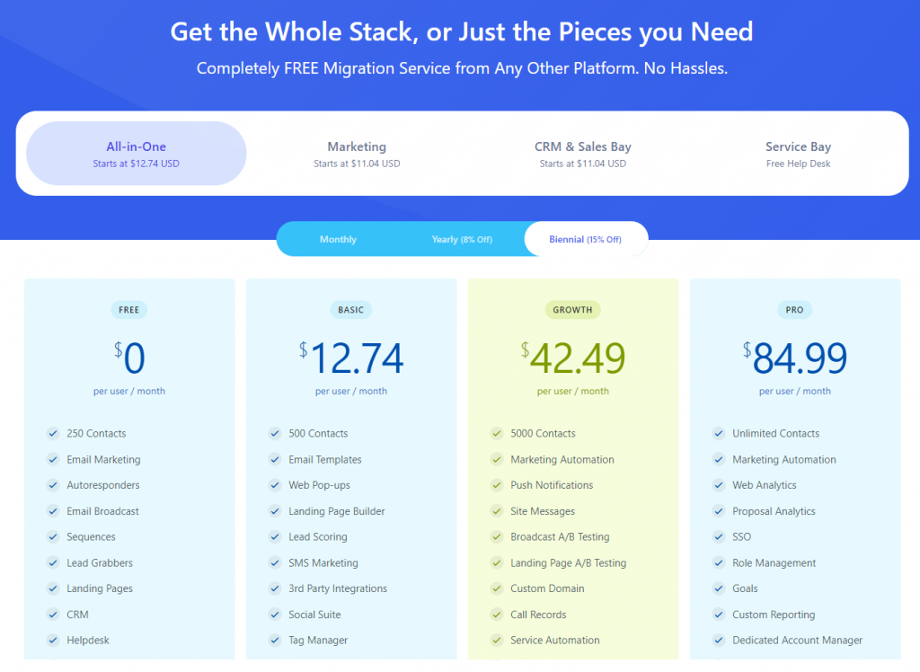 EngageBay updated pricing screenshot