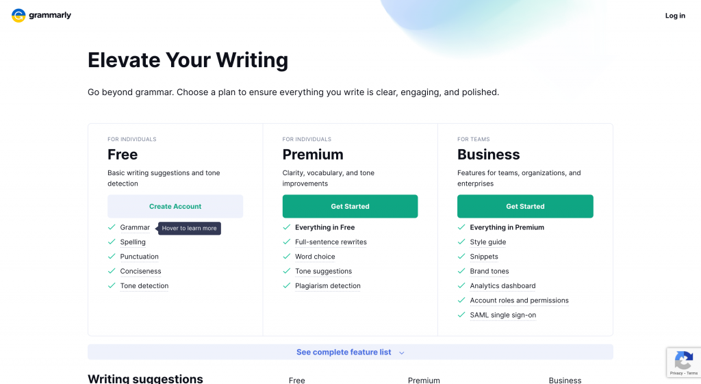 Grammarly pricing screenshot