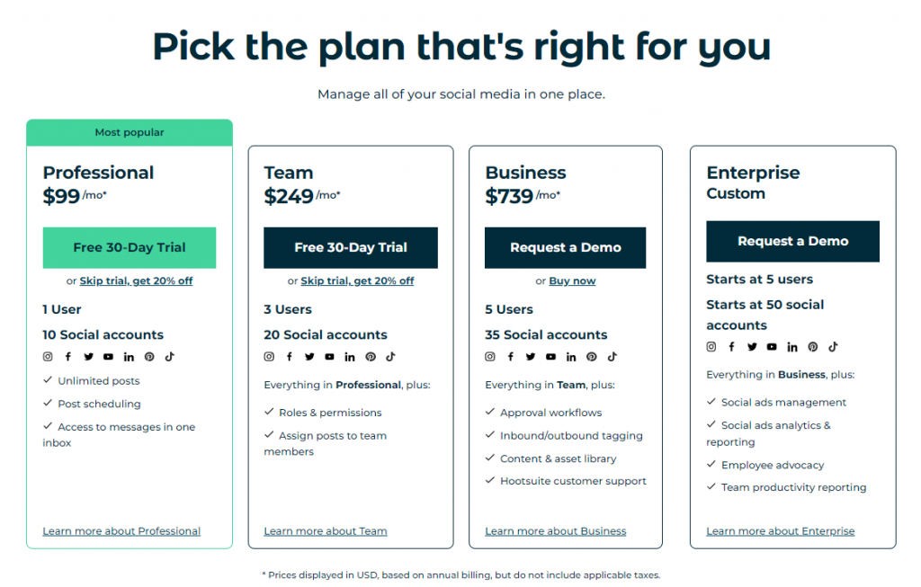 Hootsuite updated pricing screenshot