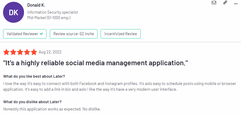 Later usability positive customer review G2