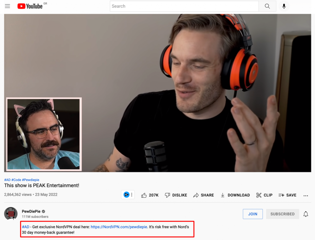 Pewdiepie Nord VPN influencer marketing campaign example