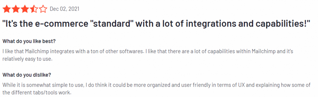 Mailchimp e-commerce integrations advantage G2 review