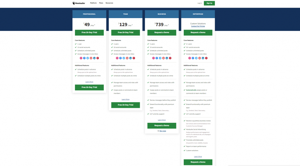 Hootsuite pricing screenshot