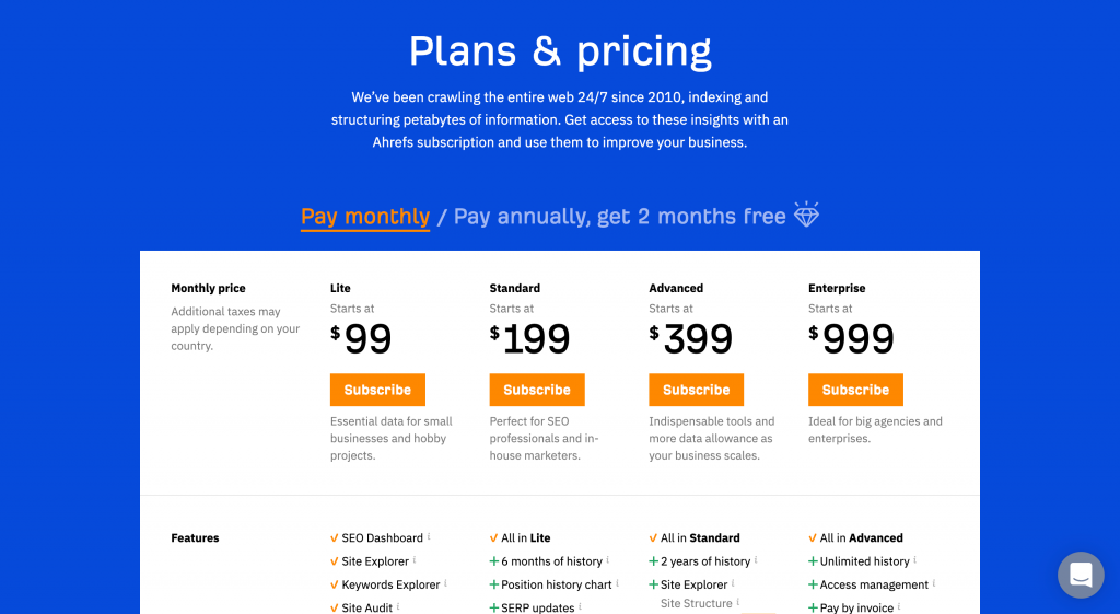 Ahrefs pricing screenshot